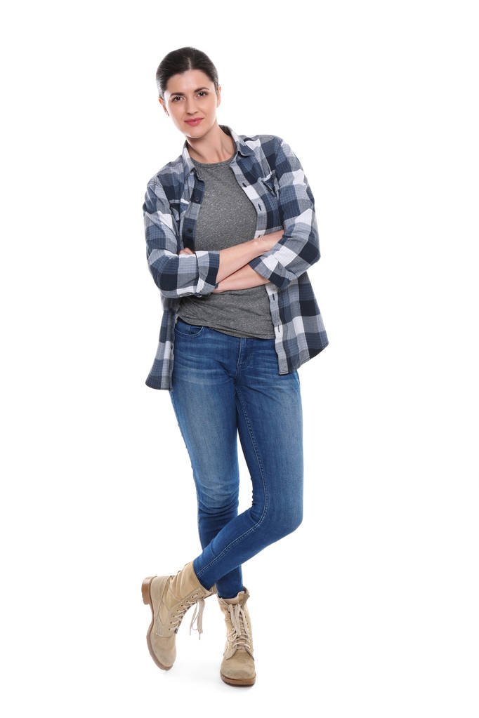  woman in jeans and checkered shirt - Photo, Image