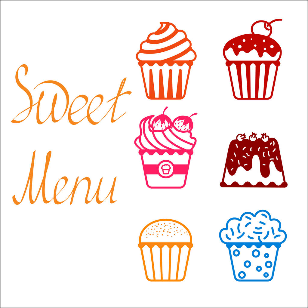 conjunto de cupcakes de línea para un menú dulce
 - Vector, Imagen