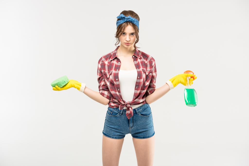Woman with sponge and spray bottle - Photo, Image