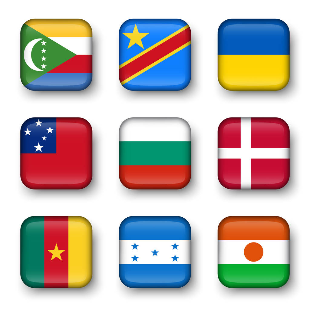 Sada světových vlajek (komor. Konžská demokratická republika. Ukrajina. Samoa, Bulharsko. Dánsko. Kamerun. Honduras. Niger ) - Vektor, obrázek