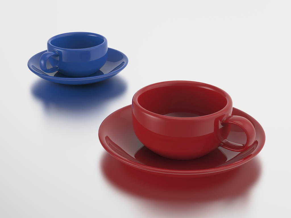 3 d の 2 つの図の赤と青のカップとソーサー  - 写真・画像