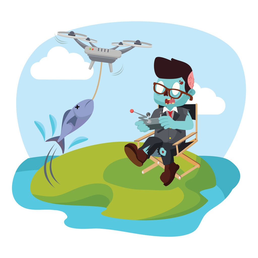 zombie hombre de negocios de pesca con dron
 - Vector, Imagen