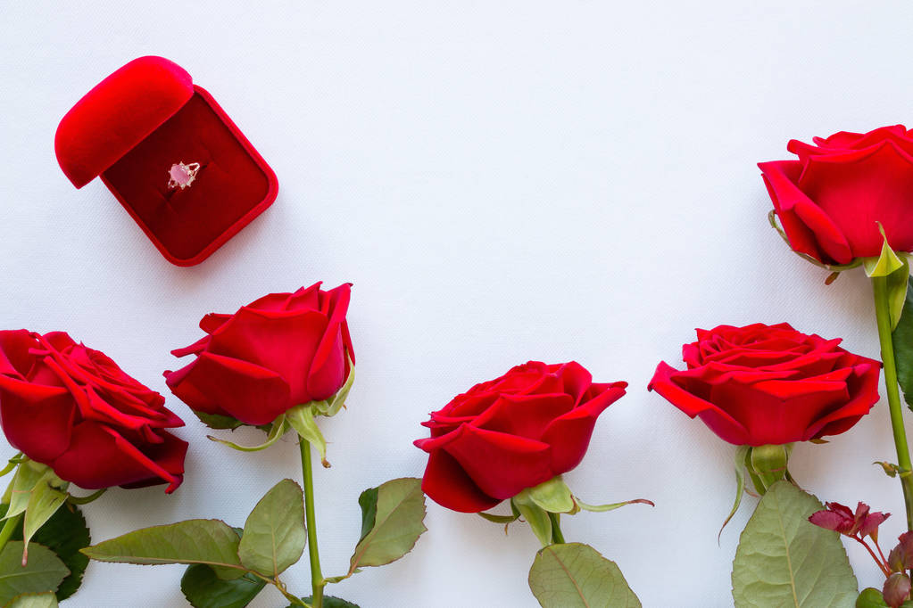 rode rozen op een witte achtergrond en de trouwring - Foto, afbeelding