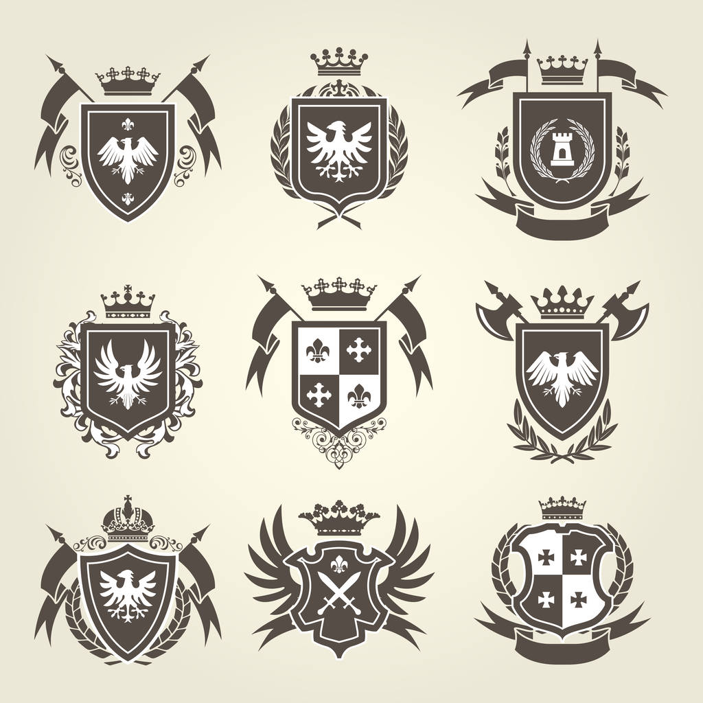 Brasão real medieval de armas e emblemas de cavaleiro escudo heráldico
 - Vetor, Imagem