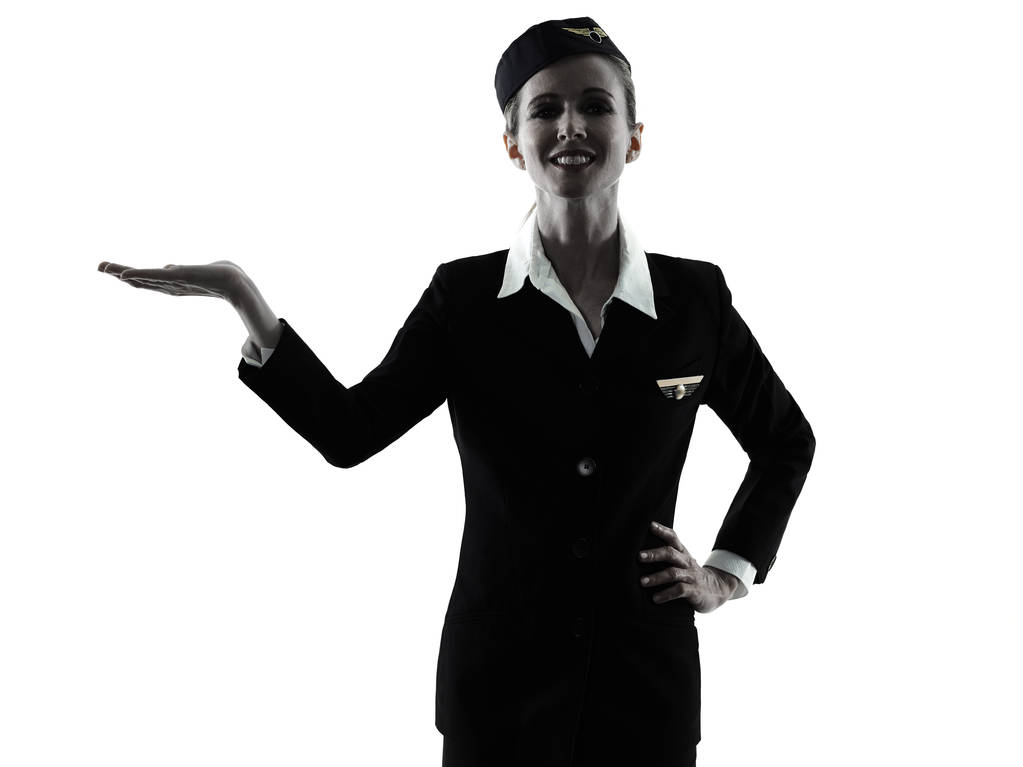 Lentoemäntä matkustamomiehistön nainen kädet auki eristetty siluetti
 - Valokuva, kuva