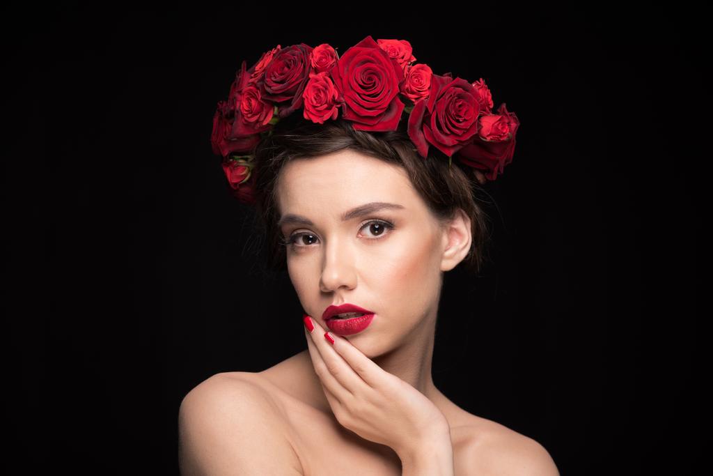 woman with roses wreath on head - Photo, Image