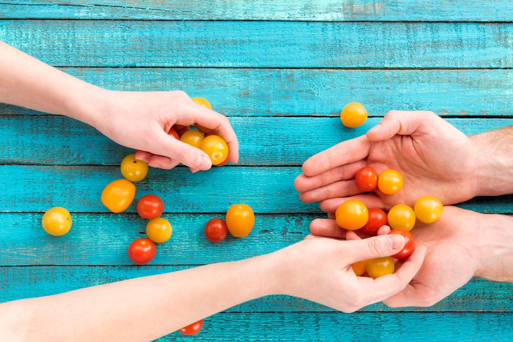 fêmea colocando tomates cereja nas mãos
 - Foto, Imagem