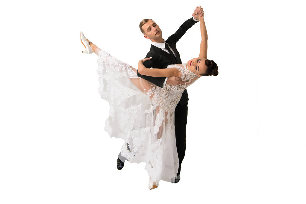 Ballrom-Tanzpaar in Tanzpose isoliert auf weißem Junggesellenabschied - Foto, Bild