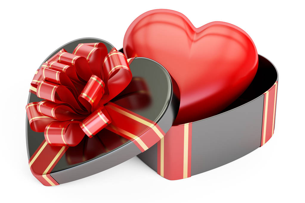 Concepto del Día de San Valentín. Caja de regalo con corazón, renderizado 3D
 - Foto, Imagen