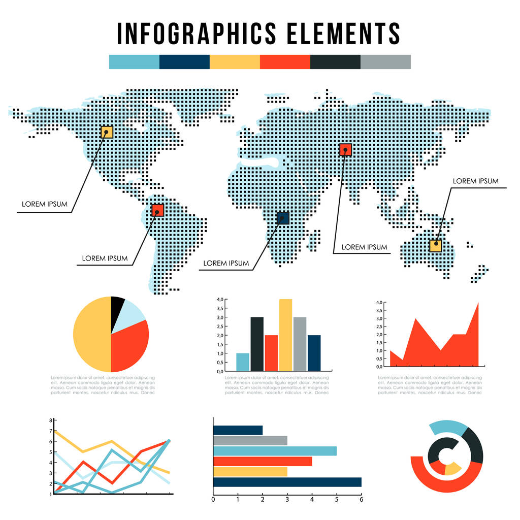 Modern infographics öğeleri. vektör grafikleri, grafik yıllık rapor sunumu için kümesi. Dünya Haritası halfton tarzı. - Vektör, Görsel