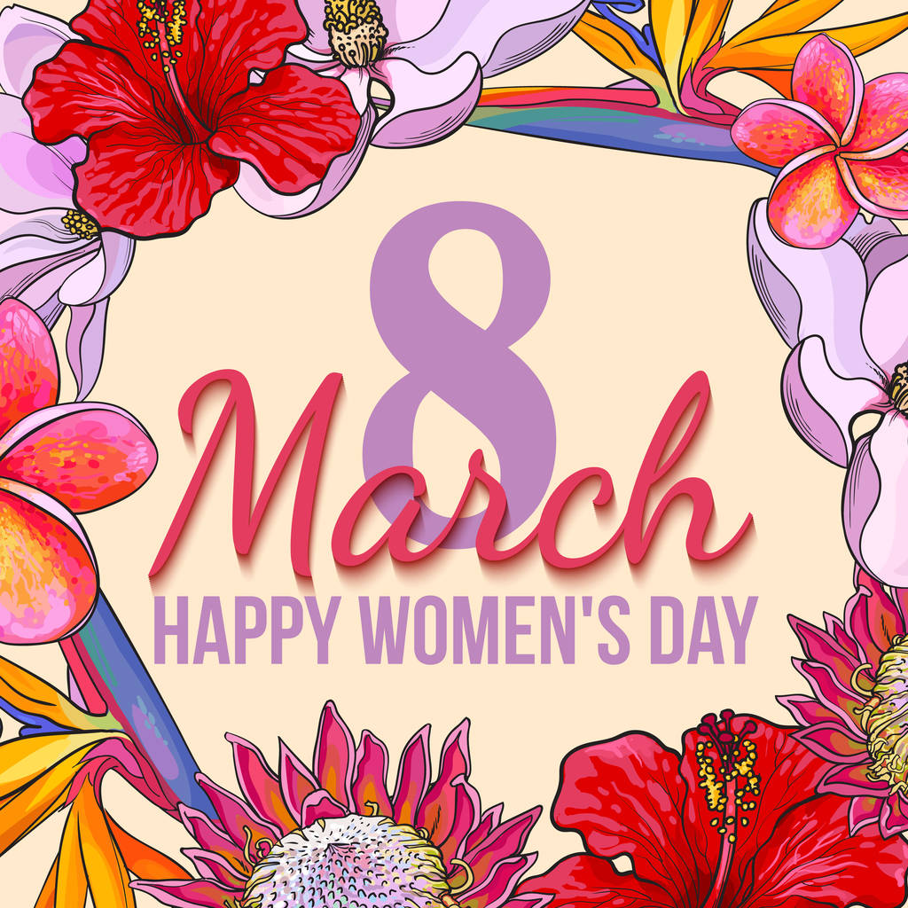 8 Μαρτίου, ημέρα ευτυχισμένη γυναικεία, πολύχρωμο ευχετήρια κάρτα με λουλούδια - Διάνυσμα, εικόνα