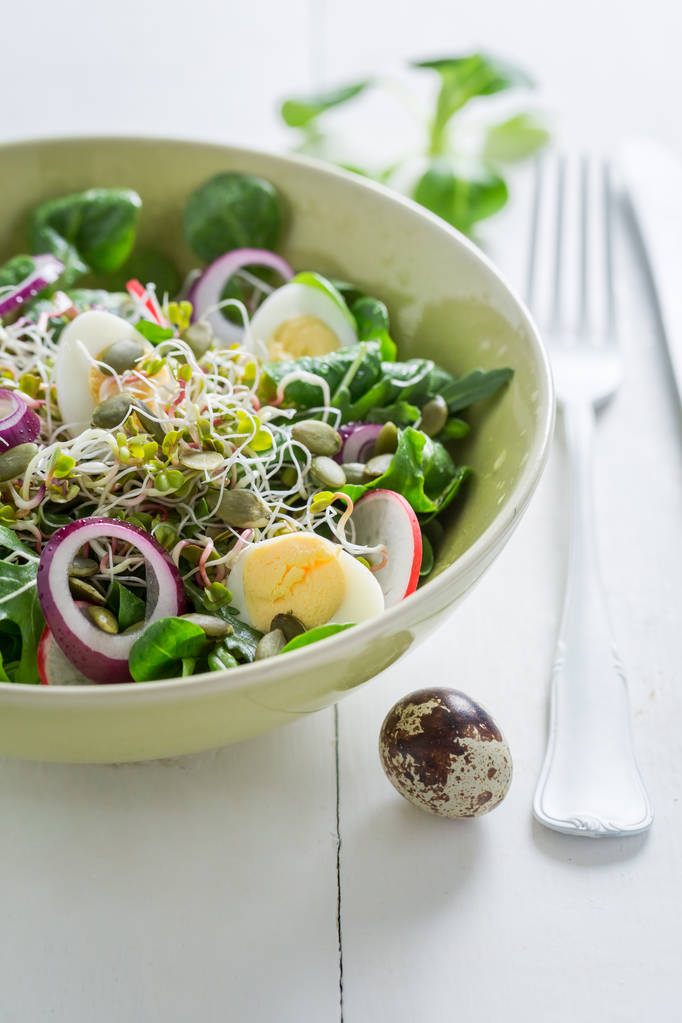 Salade verte amincissante aux oignons, œufs de caille et choux
 - Photo, image