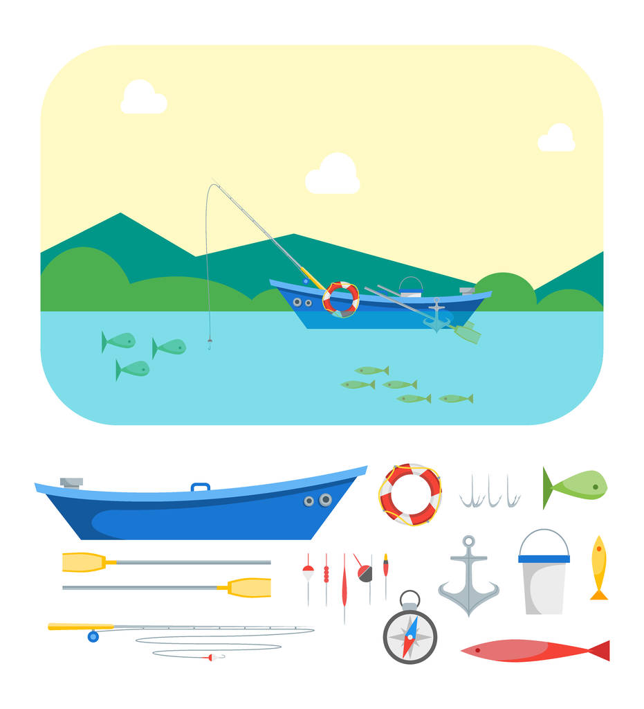 Manzara ve dişli Set çizgi film balıkçı teknesi. Vektör - Vektör, Görsel