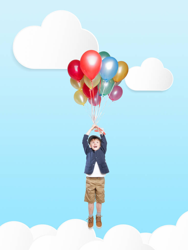 Happy Young Boy and Balloons flying through an illustrated blue  - Photo, Image