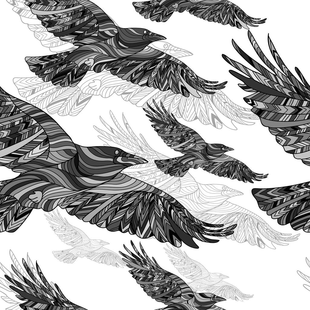 Padrão sem costura de corvos desenhados à mão com padrão floral étnico. Contexto abstrato
 - Vetor, Imagem