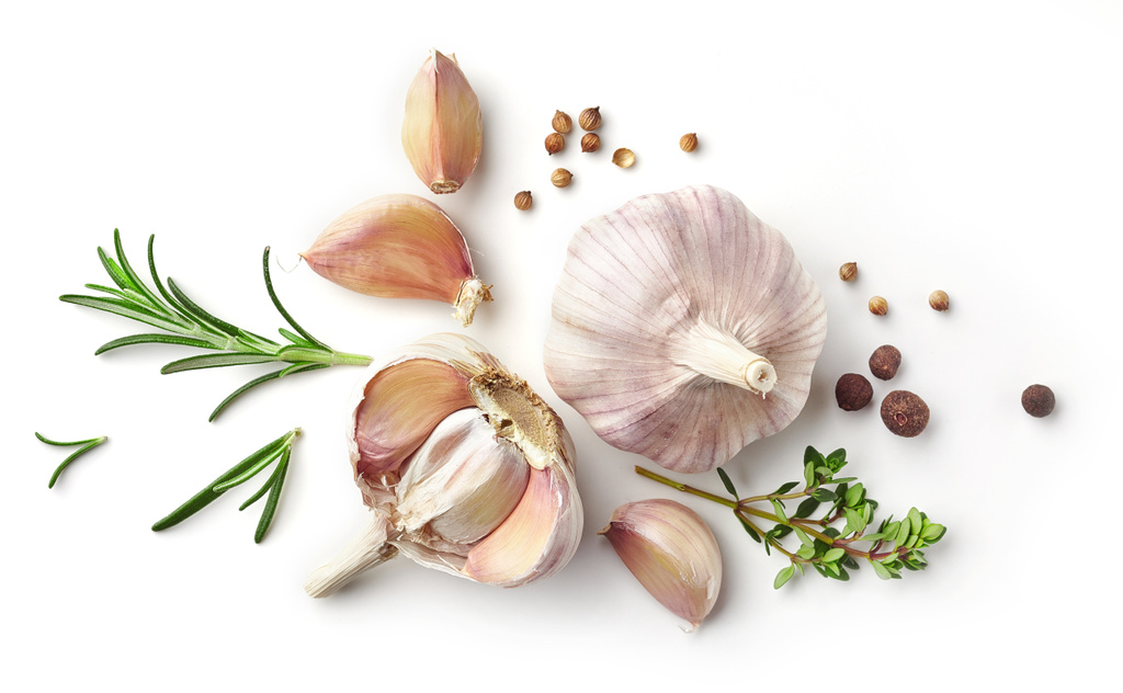 garlic and herbs on white background - Photo, Image