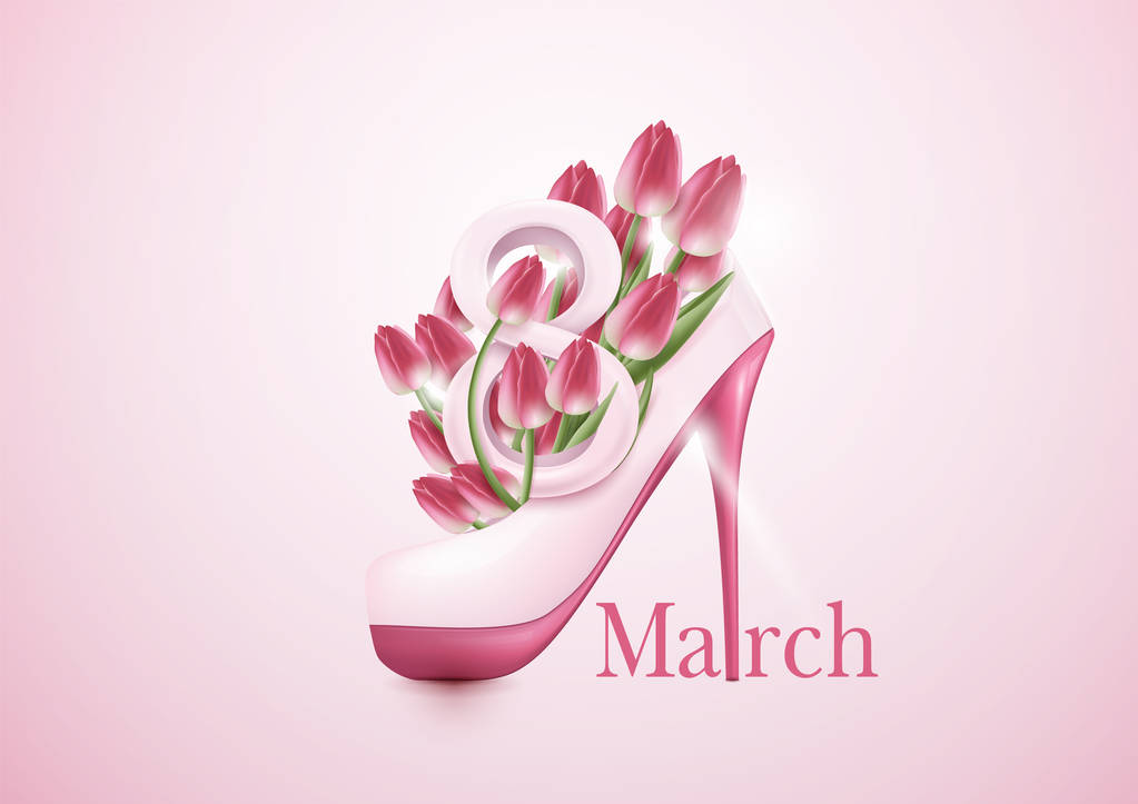 8 Mart Kadınlar Günü tebrik kartı şablonu kavramı. Lale çiçek - Vektör, Görsel