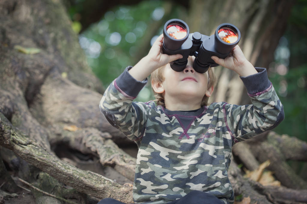 Little Boy with Binoculars in Nature, sitting on a tree, discovering new things - Photo, Image