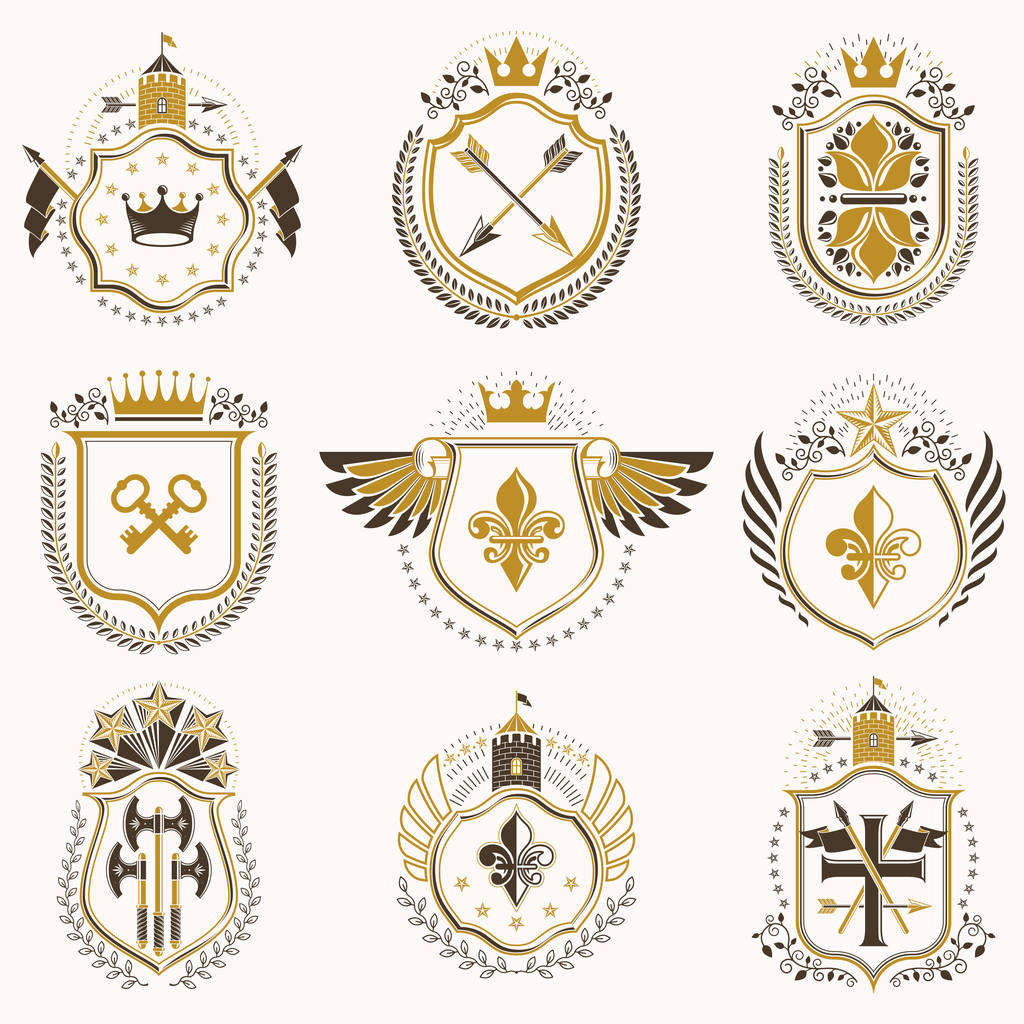 Collection of heraldic decorative coat of arms - Vector, Image