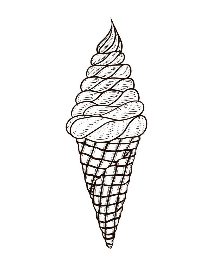 Μαλακό παγωτό σοκολάτα σε ένα χωνάκι βάφλα. Χέρι doodle εικονογράφηση - Διάνυσμα, εικόνα