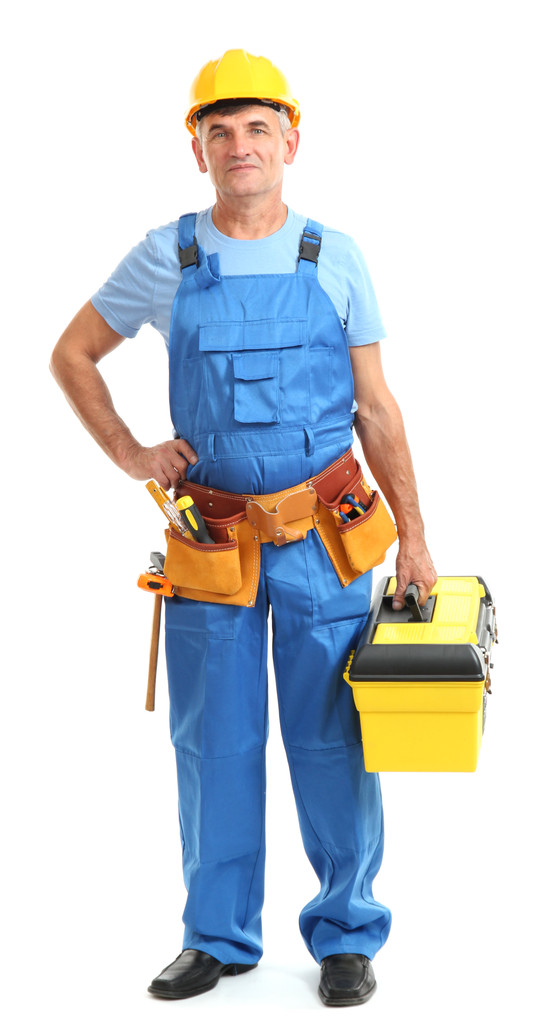 Constructor masculino en casco amarillo aislado en blanco
 - Foto, Imagen