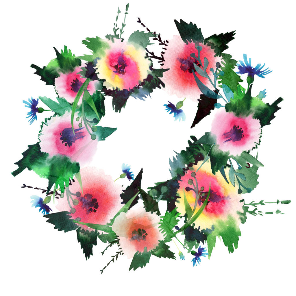 Gyönyörű gyógynövény fényes kifinomult virágos-tavaszi színes vadvirágok, rügyek koszorú akvarell kézi illusztráció - Fotó, kép