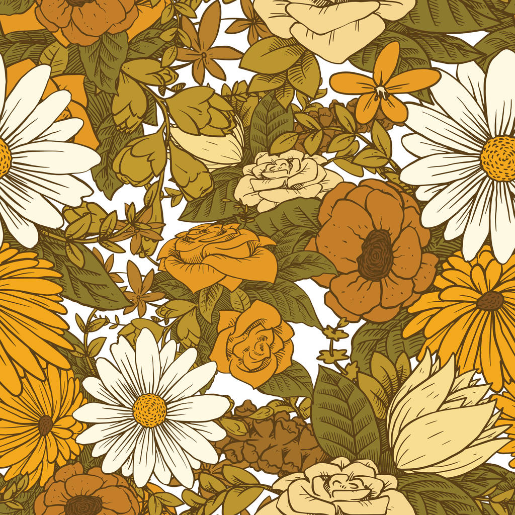 黄色のトーンの美しい花のシームレス花柄 - ベクター画像