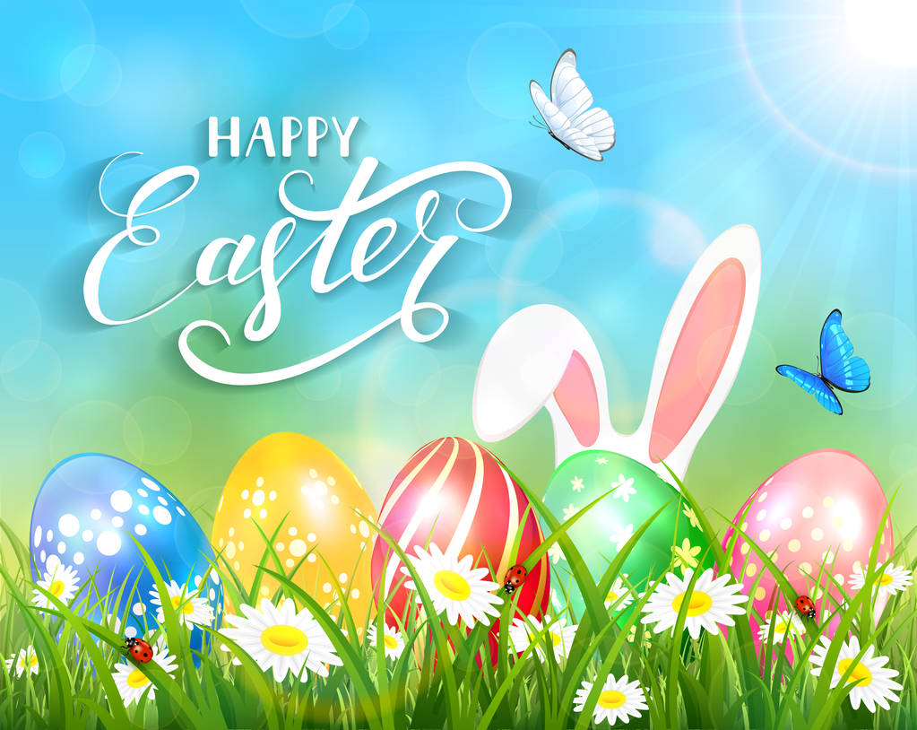 Щасливого Великодня на синьому фоні з кроликом та яйцями
 - Вектор, зображення