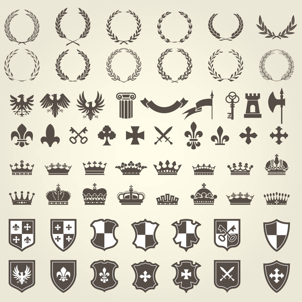 Heraldiek kit van knight blazoenen en wapenschild elementen - medie - Vector, afbeelding