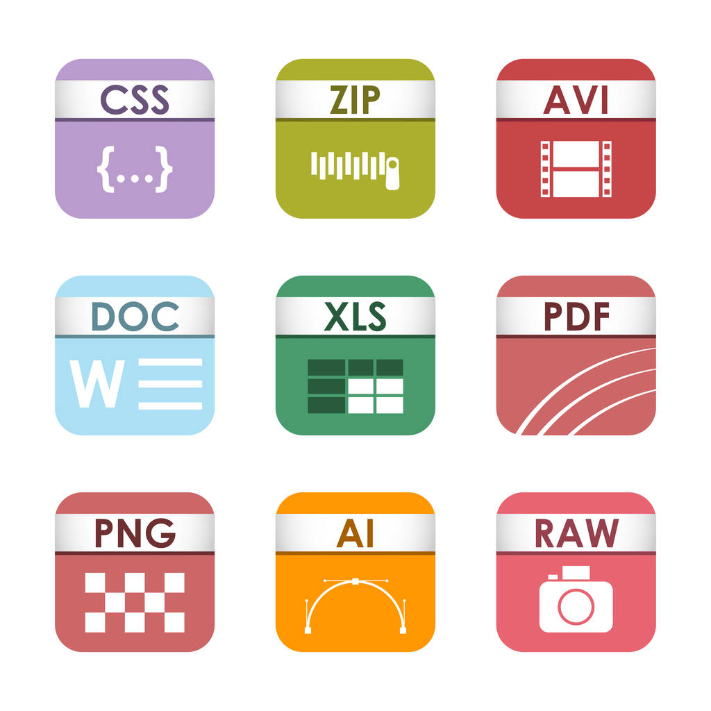 Simple square file types formats labels icon set presentation document symbol and audio extension graphic multimedia sign vector illustration. - Vector, Image