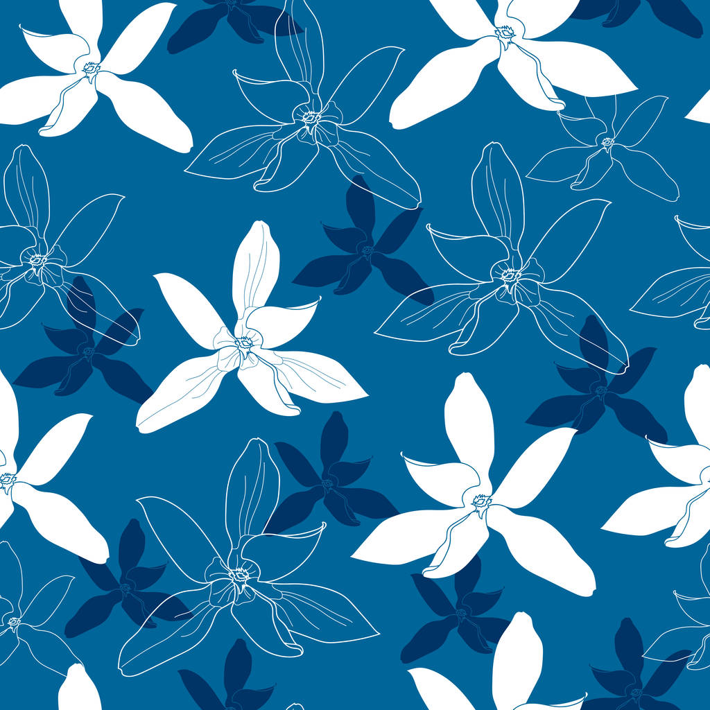 青色の背景に白い花のシームレスなパターン。手描き花柄テクスチャ. - ベクター画像