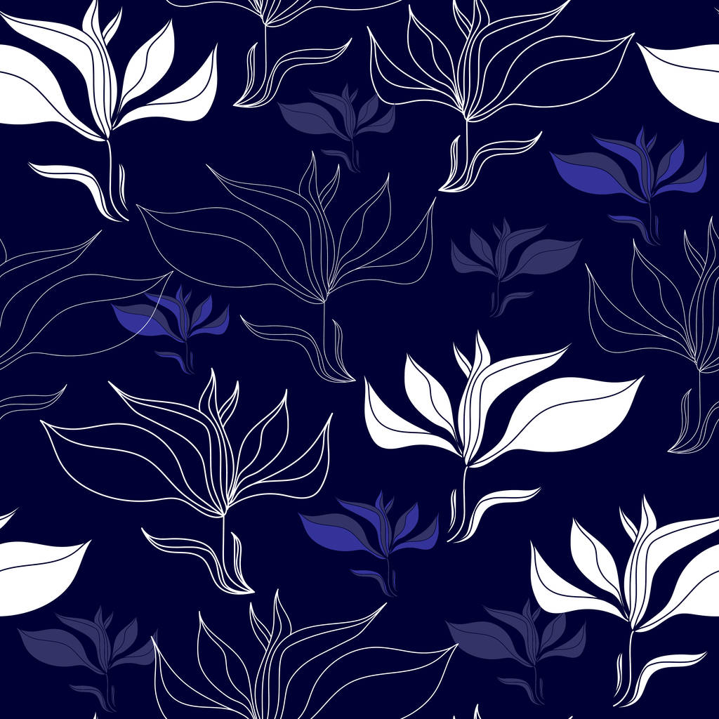 Modello senza cuciture con fiori bianchi su uno sfondo blu. Texture floreale disegnata a mano
. - Vettoriali, immagini