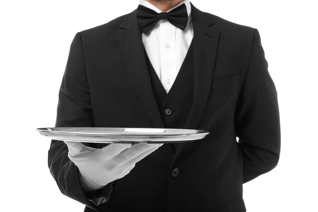 Waiter with metal tray  - Photo, Image