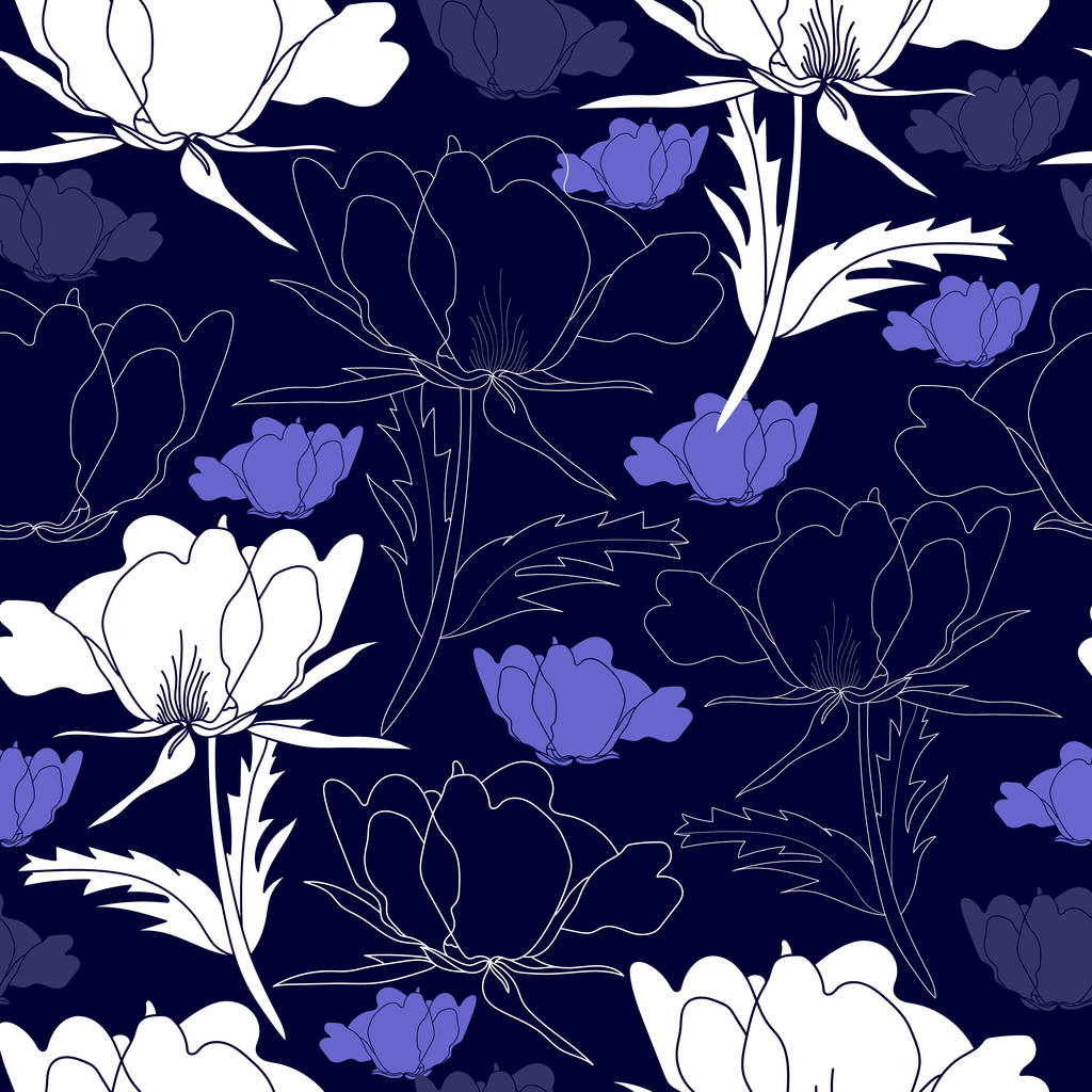 Patrón sin costuras con flores blancas sobre un fondo azul. Textura floral dibujada a mano
. - Vector, imagen