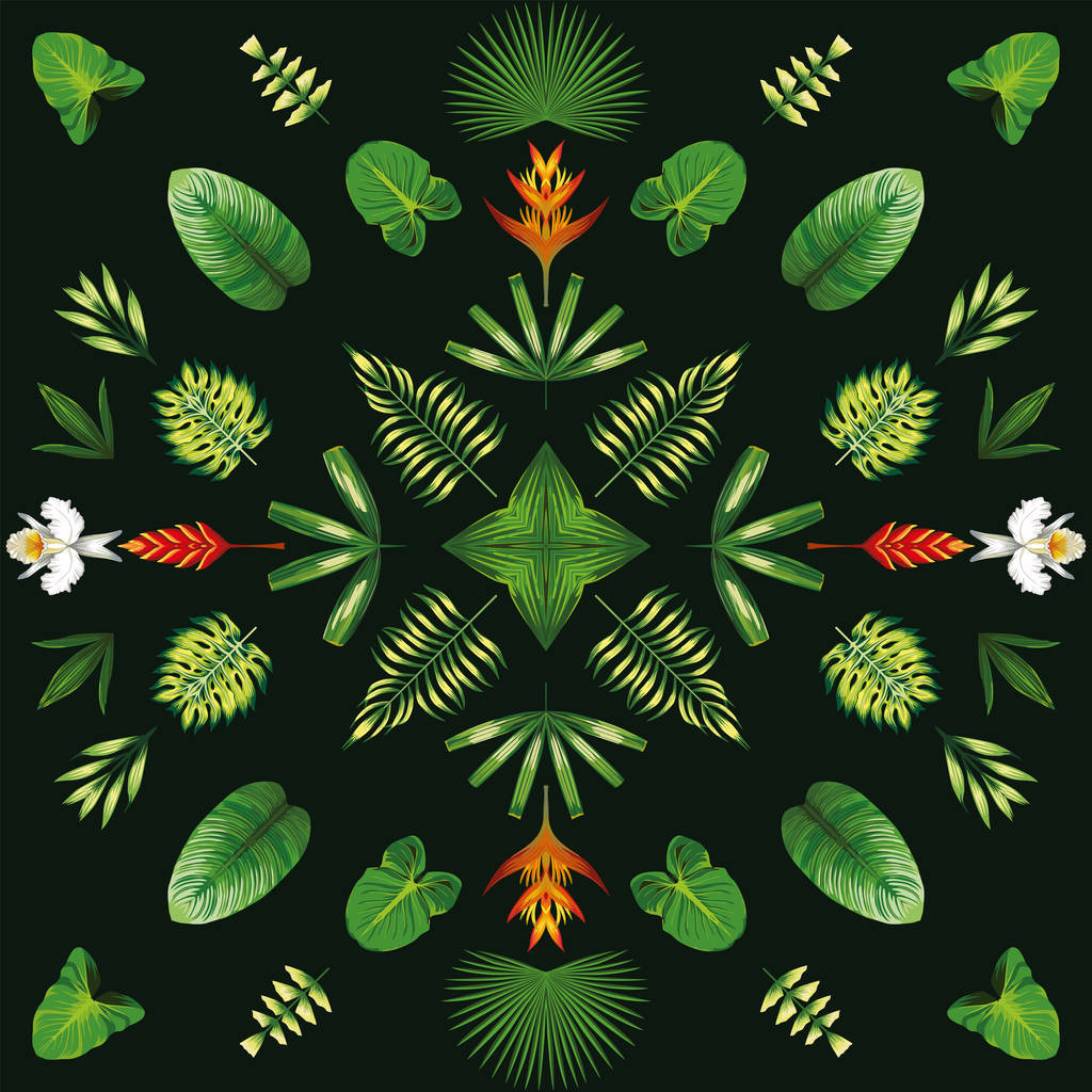 flores tropicales geométricas simétricas y hojas respaldo verde oscuro
 - Vector, Imagen