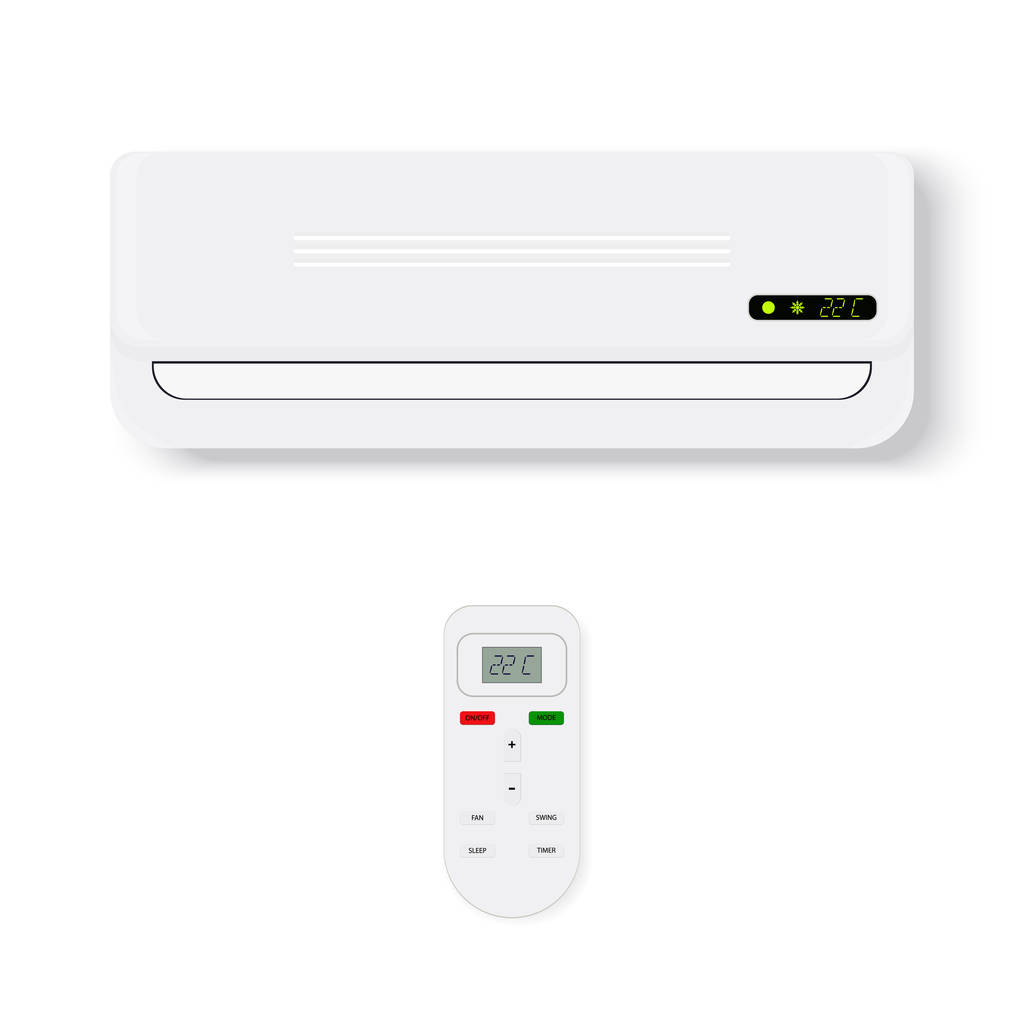 Split system air conditioner.Realistic conditioner with remote control. Vector illustration isolated on white background - Vector, Image