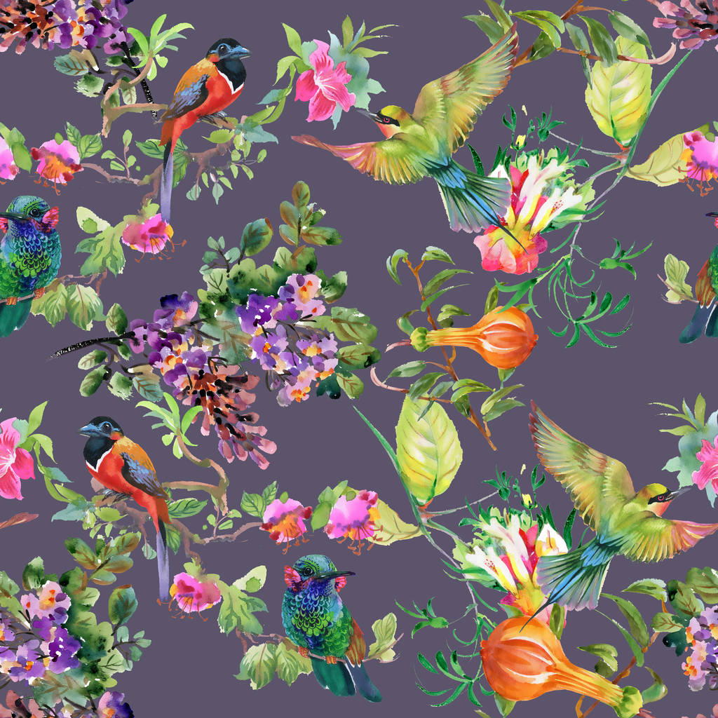 Μοτίβο με όμορφα λουλούδια και πουλιά - Φωτογραφία, εικόνα