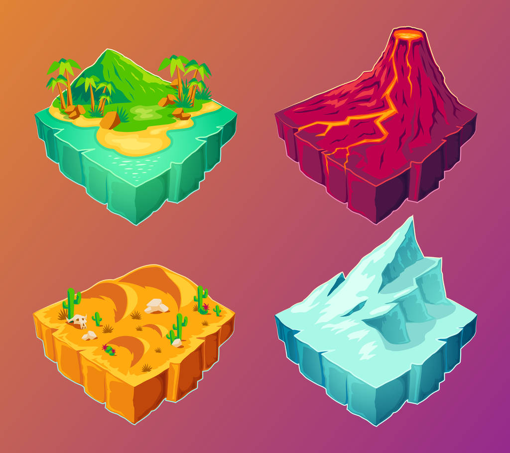 Vector 3D tropical island, volcanic island, desert, ice island, design elements for games - Vector, Image