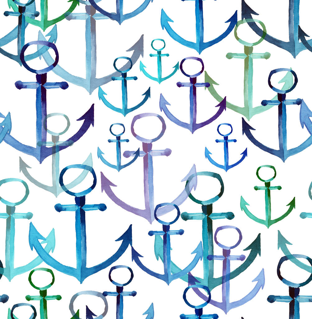 Brilhante bonito verão mar fresco marinho azul âncoras diferentes formas e cores padrão aquarela mão ilustração
 - Foto, Imagem