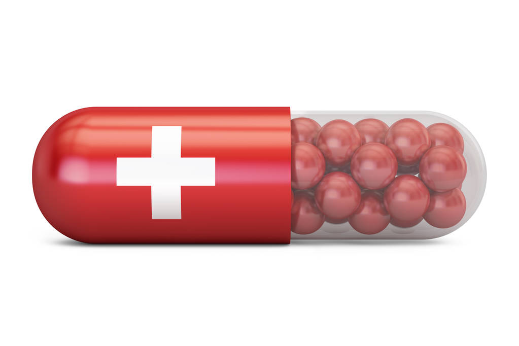 Капсула со швейцарским флагом. Швейцарская концепция здравоохранения, 3
 - Фото, изображение