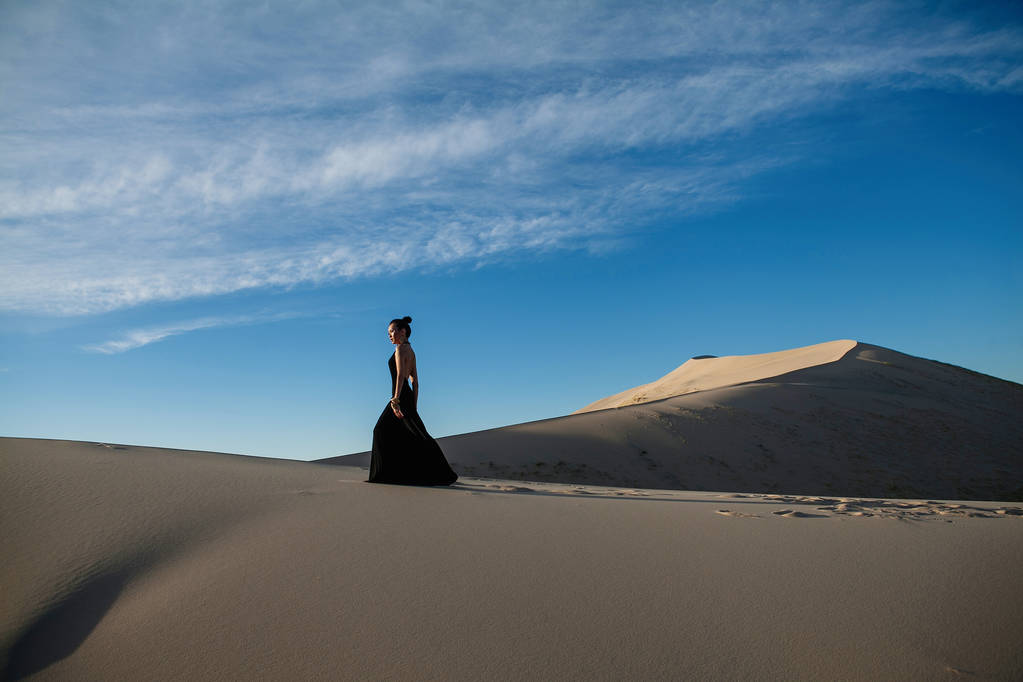 bela ásia mulher no um longo preto vestido deserto paisagem
 - Foto, Imagem