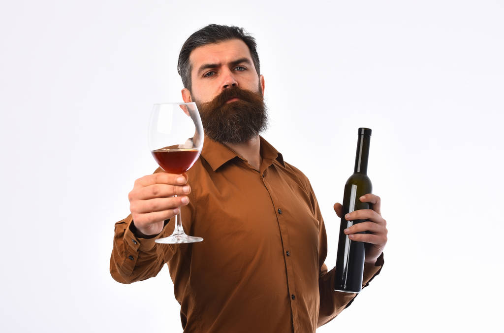 hipster uomo barbuto con bottiglia di vino, vetro in camicia marrone
 - Foto, immagini