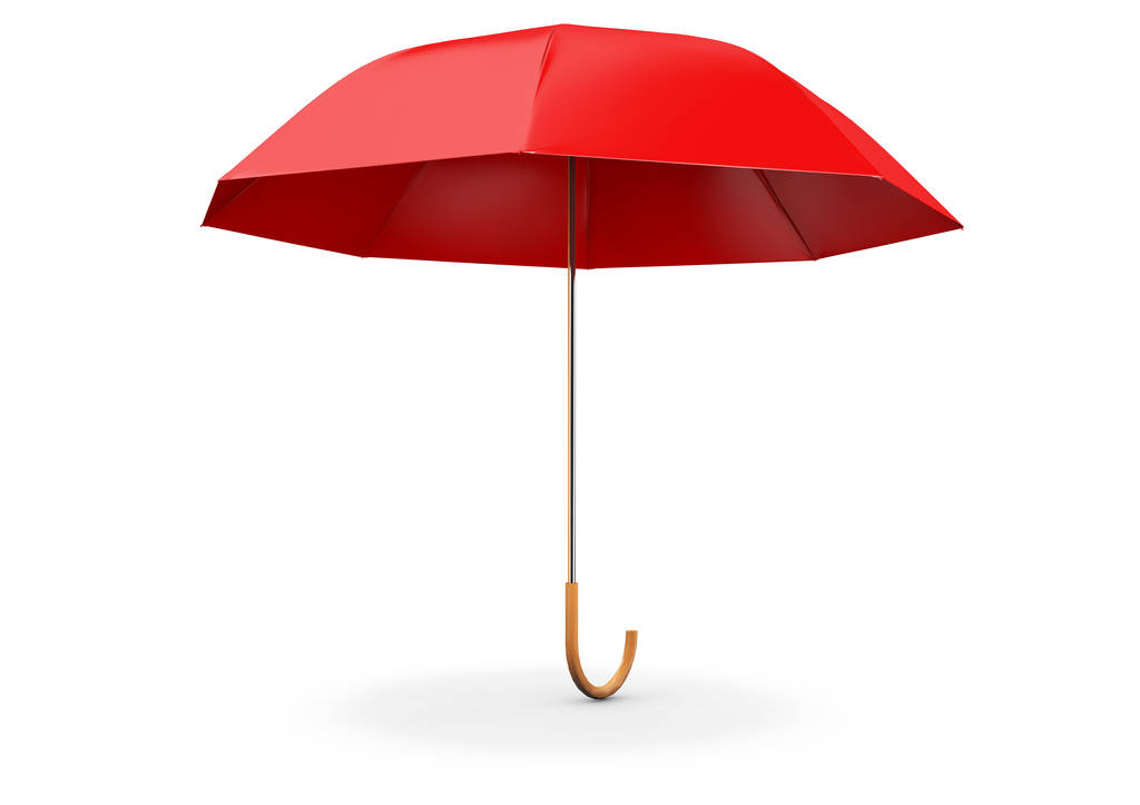 Paraguas rojo o parasol con mango negro aislado en la espalda blanca
 - Foto, imagen