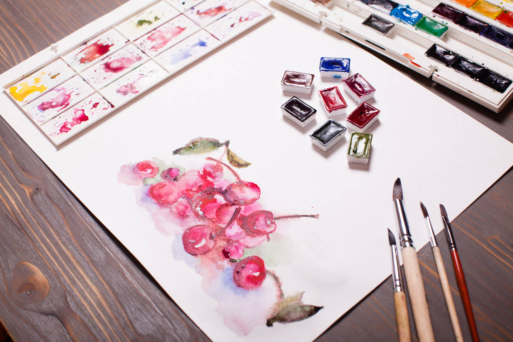 Watercolor painting cherries - Photo, Image