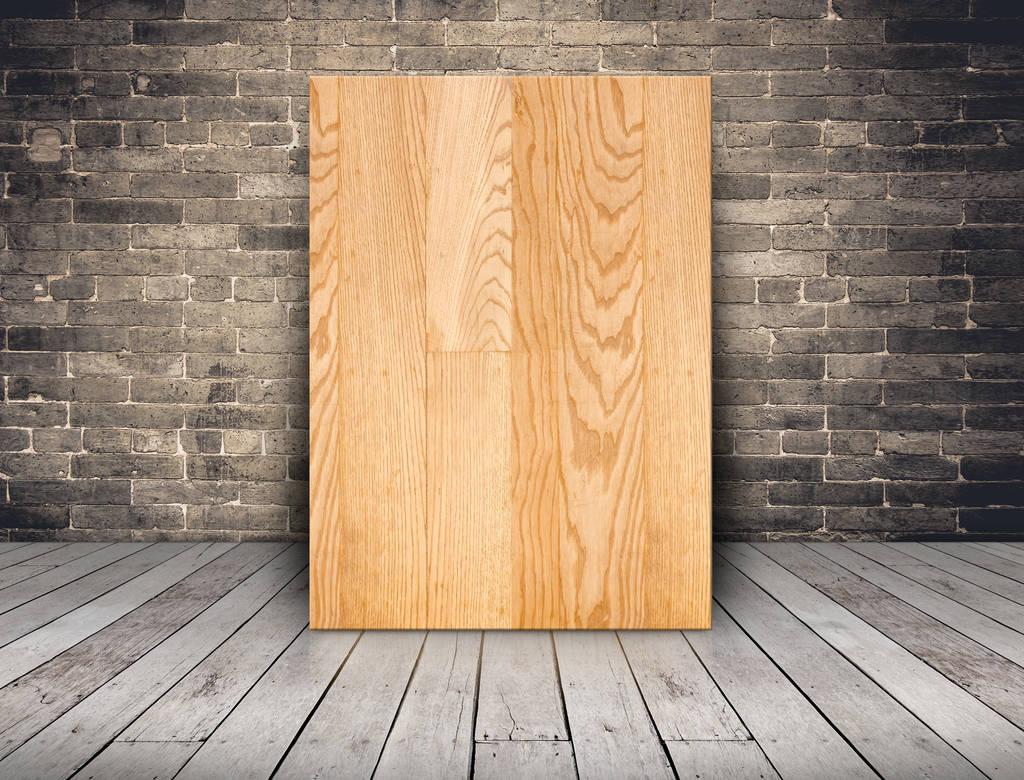 Blank plank wood board at grunge brick wall and wood plank floor - Photo, Image