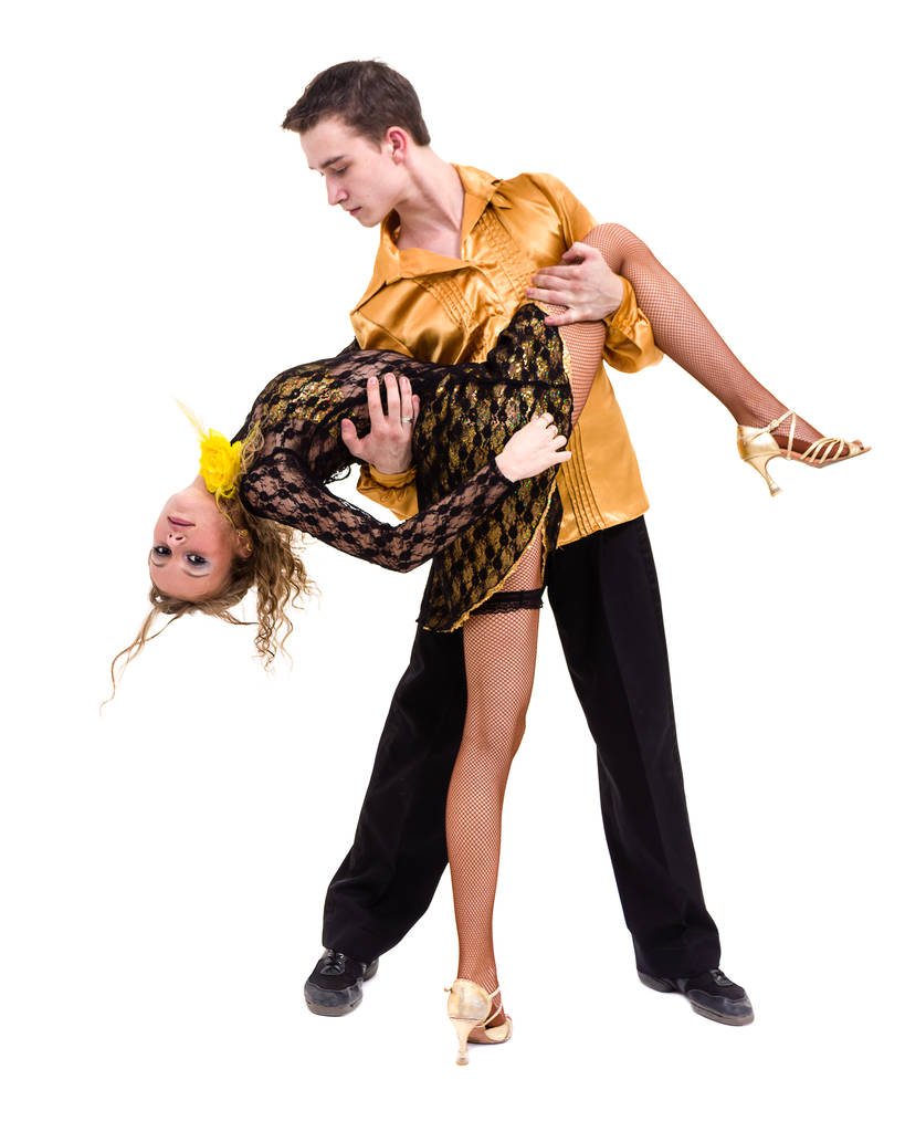 Teljes hossza fiatal balett pár tánc ellen elszigetelt fehér - Fotó, kép