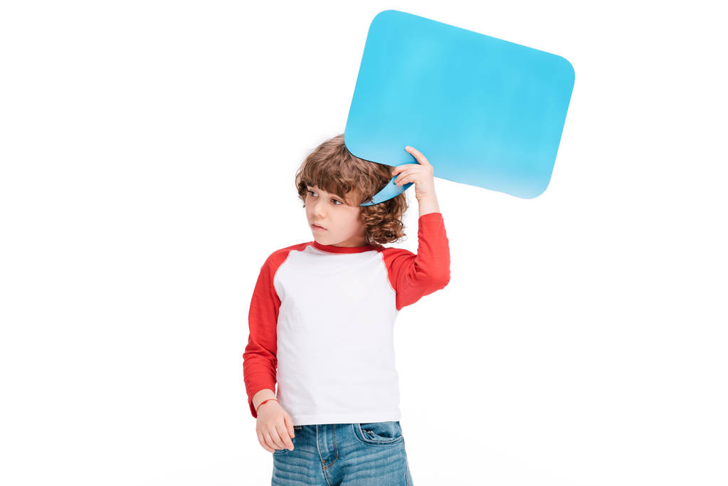 Niño sosteniendo burbuja del habla
 - Foto, Imagen