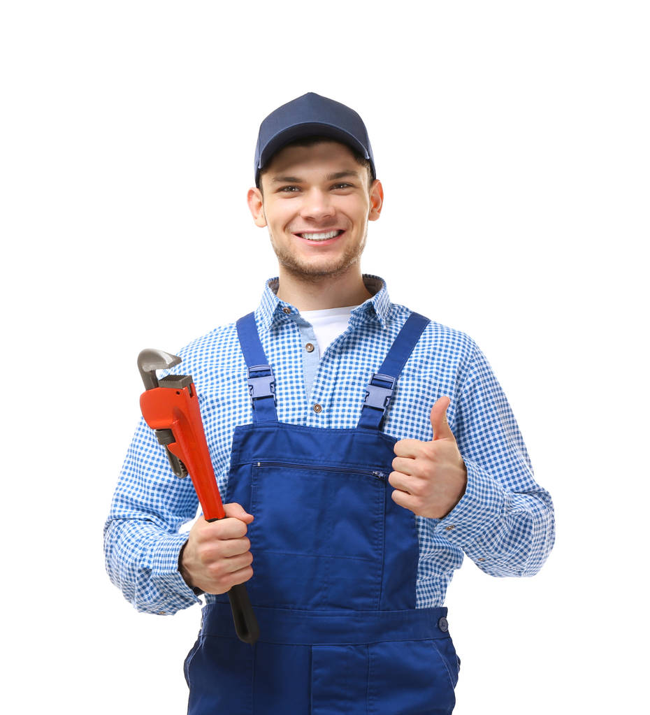 plumber holding pipe wrench - Photo, Image