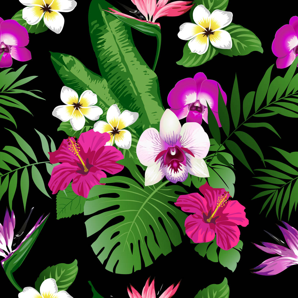 Tropical flowers and leaves on background. Seamless. Vector - Vector, Image