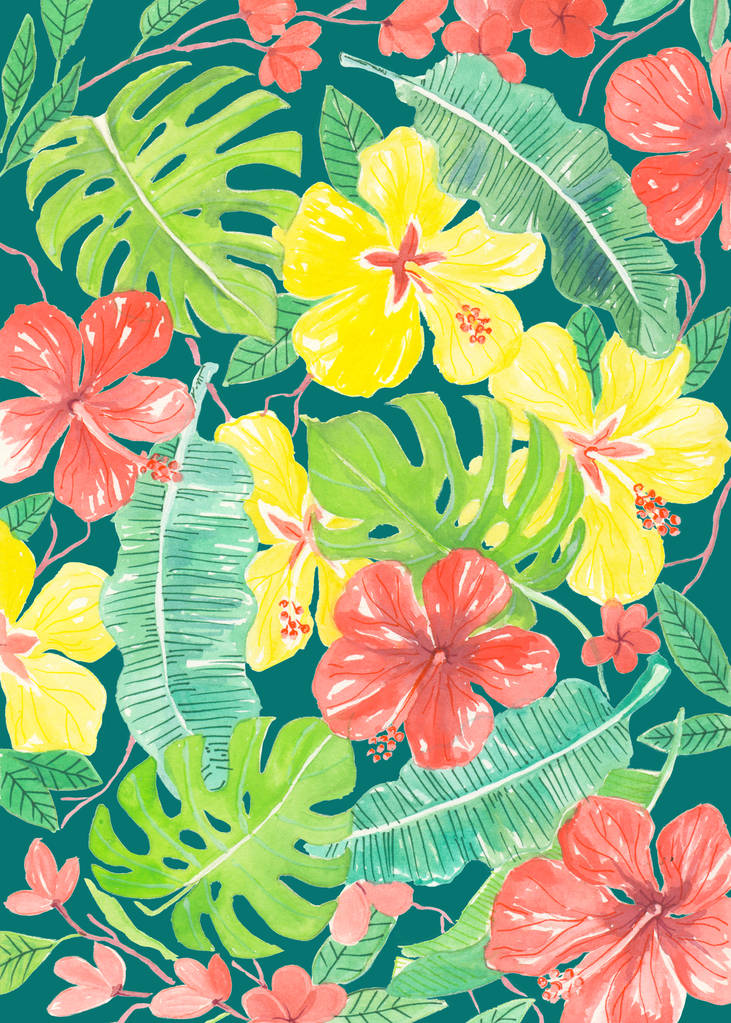 Hibiskus, frangapani и пальмовые листья
 - Фото, изображение